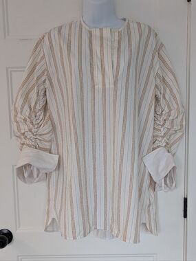 By Malene Birger Striped Cotton‎ Ruched Sleeve Tunic Top Cream Tan Size 36